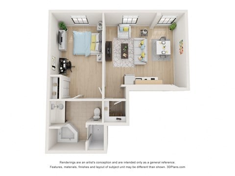 Floor plan for 1 bed, 1 bath, 765 sqft